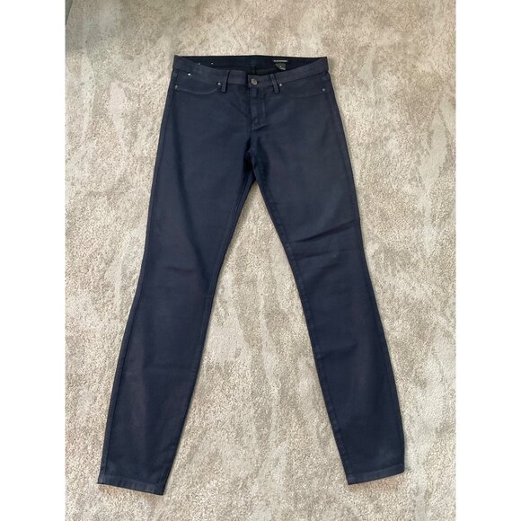 Club Monaco Dark Navy Skinny Leg Jeans Women's Size 6 Stretch Denim Faux Leather - Picture 1 of 7